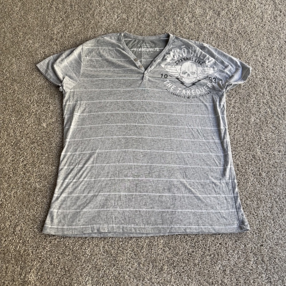 Y2K Ecko Unltd Shirt Mens Large Gray Skull Henley Striped Tee T-Shirt Logo